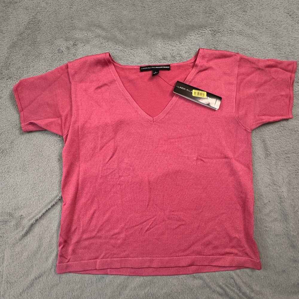 NWT Linda Allard Ellen Tracy V Neck Short Sleeve Silk Blend Sweater Top L Pink